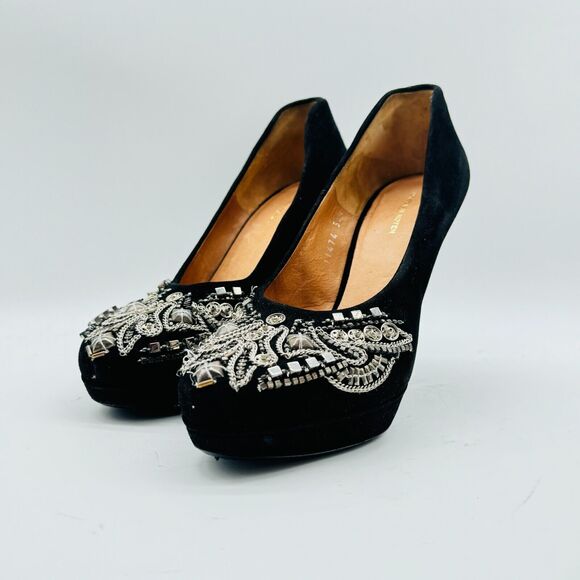 Dries van Noten Shoes Womens 6.5 Black Suede Heels Silver Beaded Chain Stilettos - Picture 3 of 12